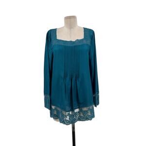 Sundance Lorelei Top Blouse Silk Lace Trim Long Sleeve Pintuck Blue‎ Size Medium